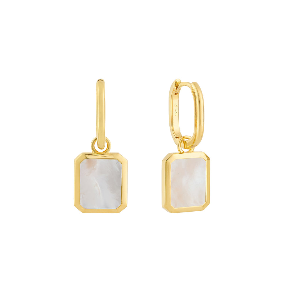 Mother of Pearl Oblong Charm Earrings in Yellow Gold