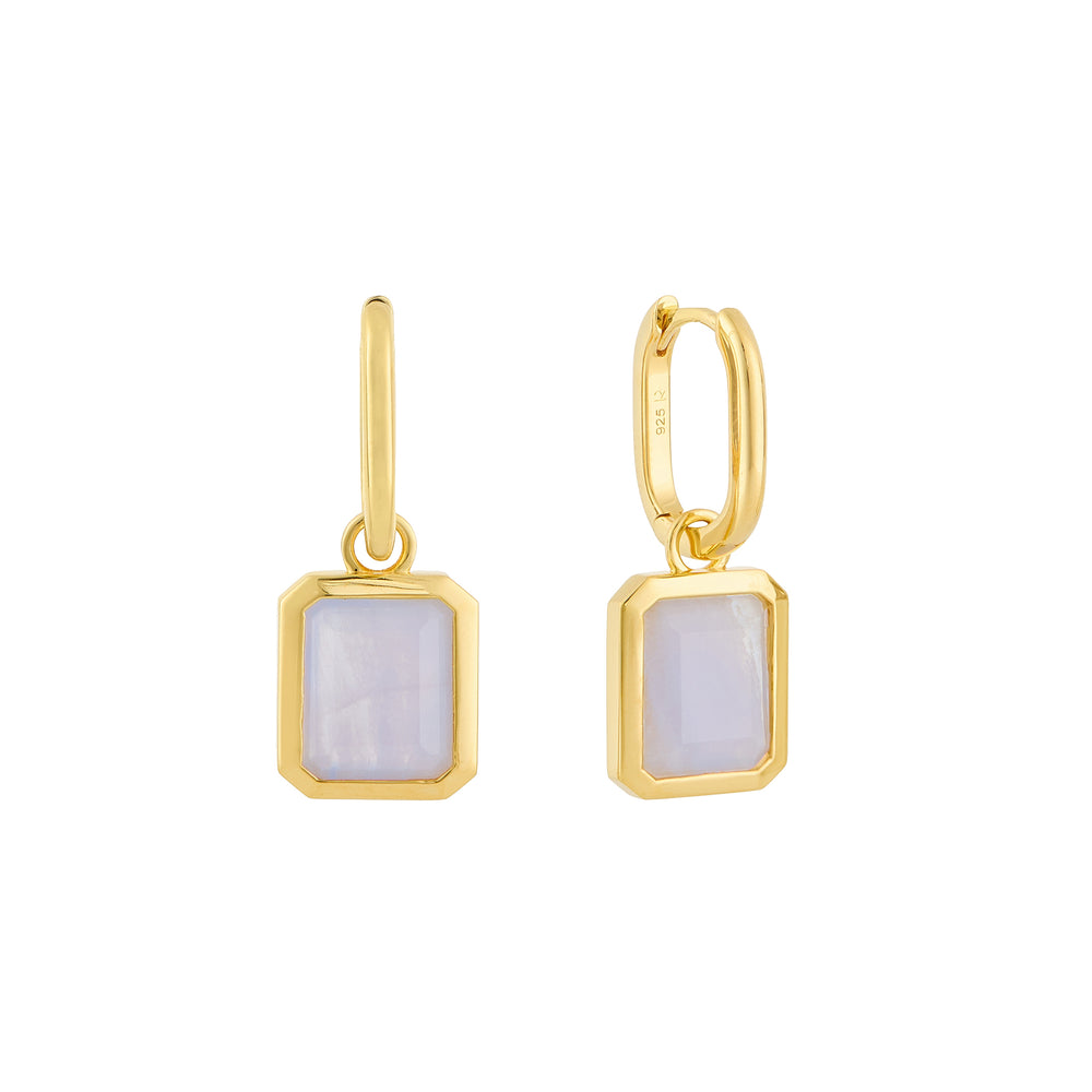 Blue Lace Agate Oblong Charm Earrings in Yellow Gold