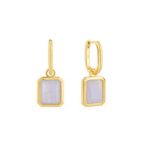 Blue Lace Agate Oblong Charm Earrings in Yellow Gold