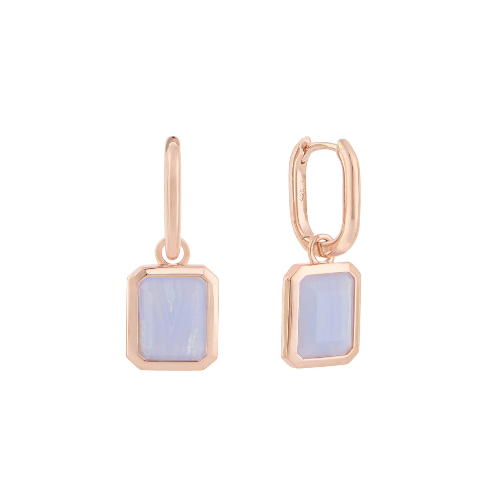 Blue Lace Agate Oblong Charm Earrings in Rose Gold
