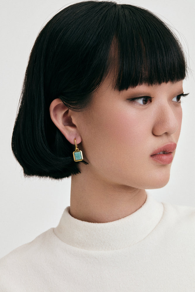 Amazonite Charm Sterling Gold Earrings on model