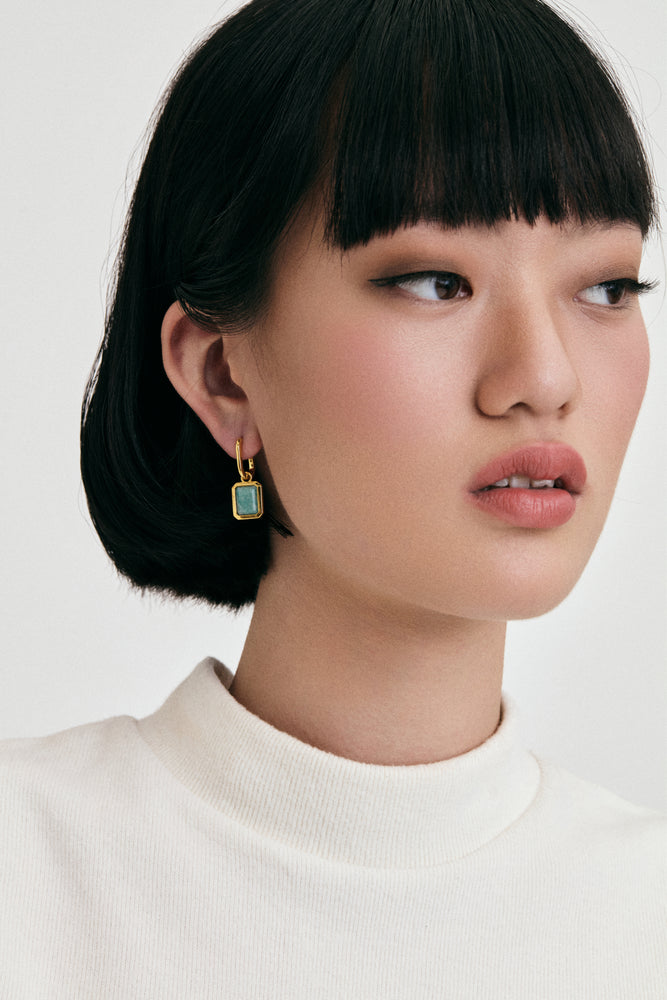 Amazonite Charm Sterling Gold Earrings on model