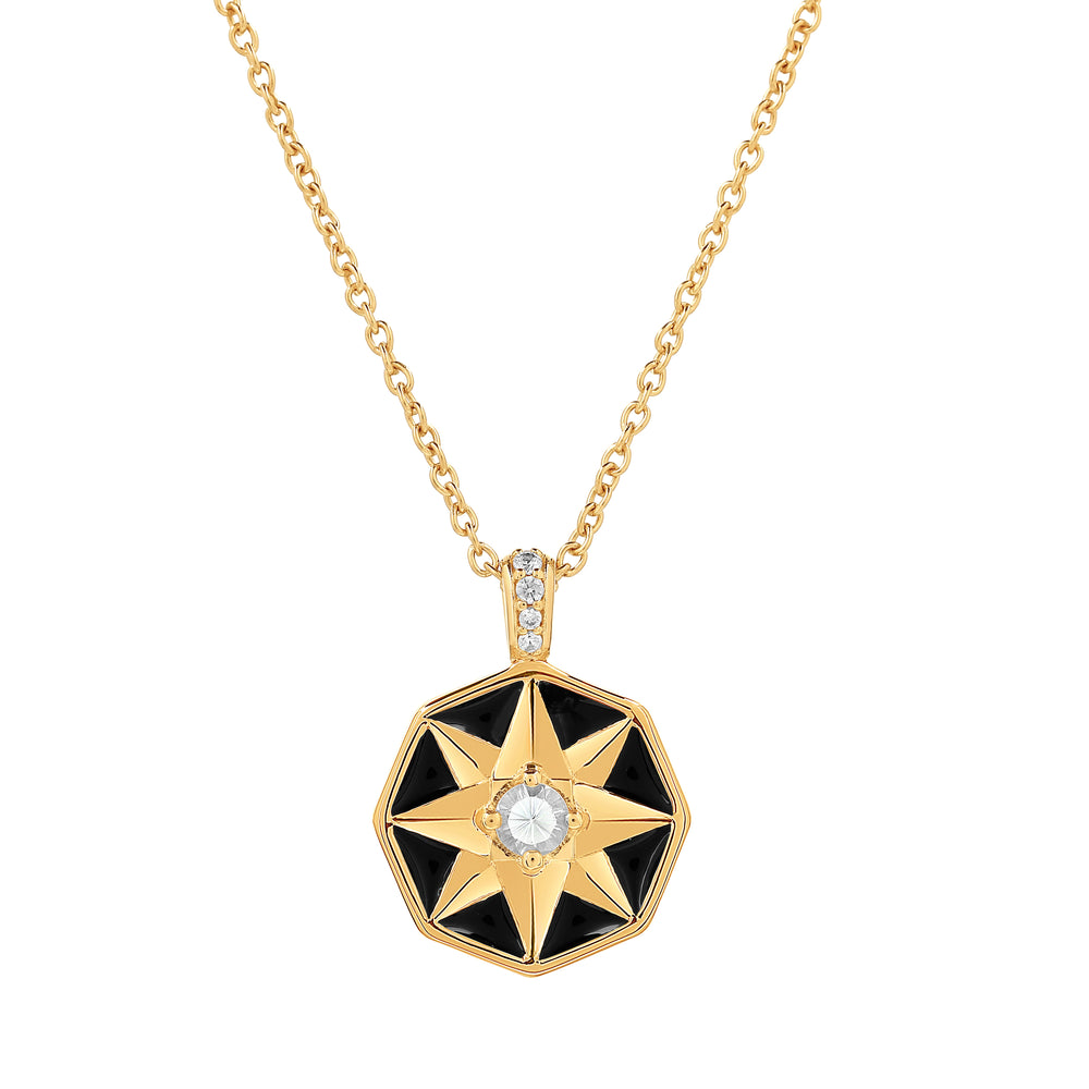 White Zircon star necklace, black enamel, 18K gold vermeil
