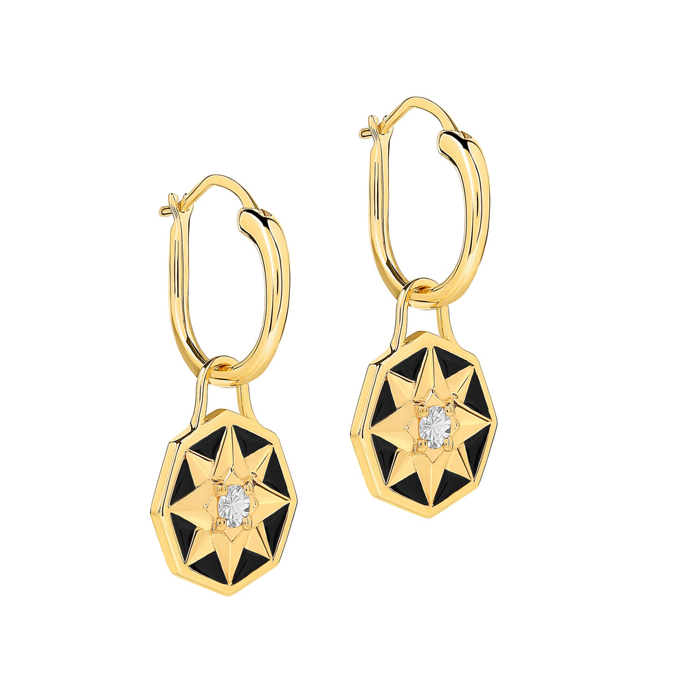 White zircon star charm hoop earrings, black enamel, 18K gold vermeil