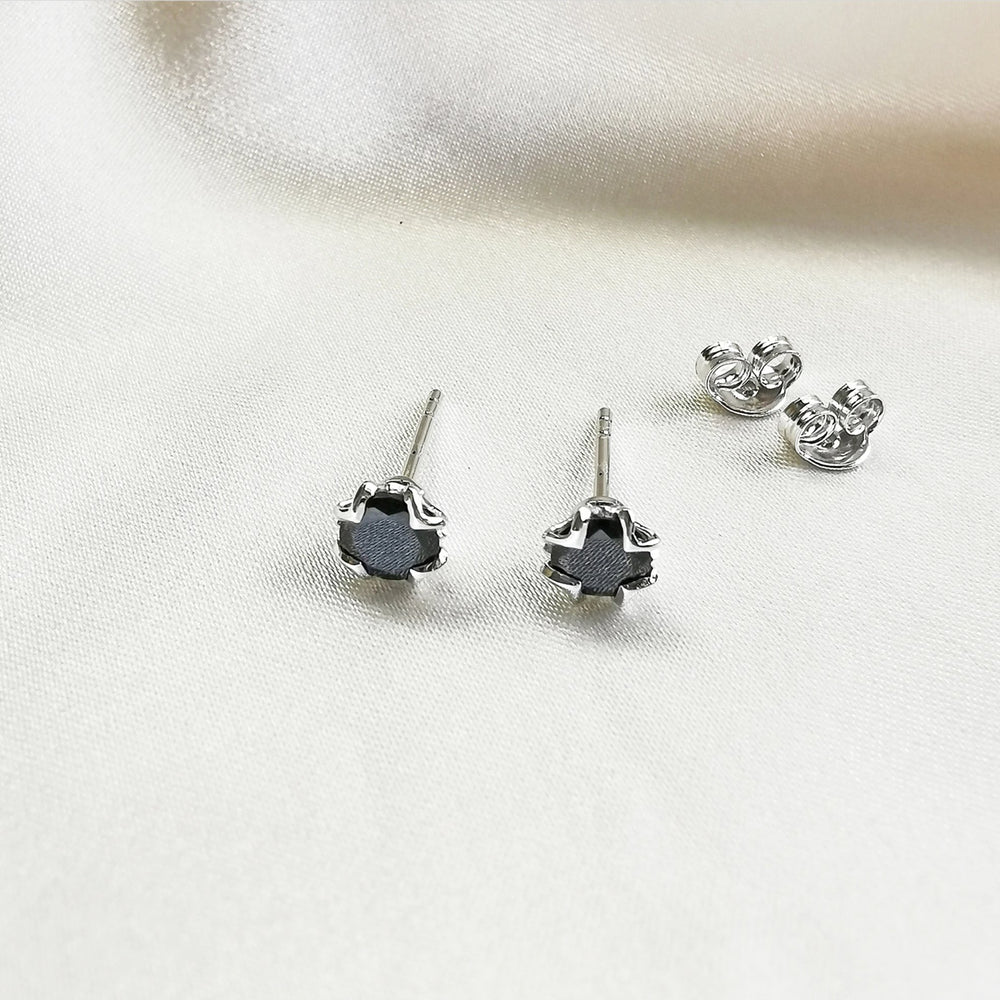 Black Spinel Round Stud Earrings - Sterling Silver
