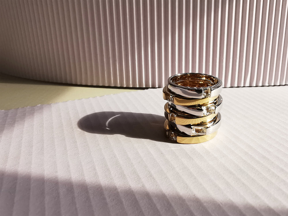 14K Gold and Silver Square Cut White Topaz Rings