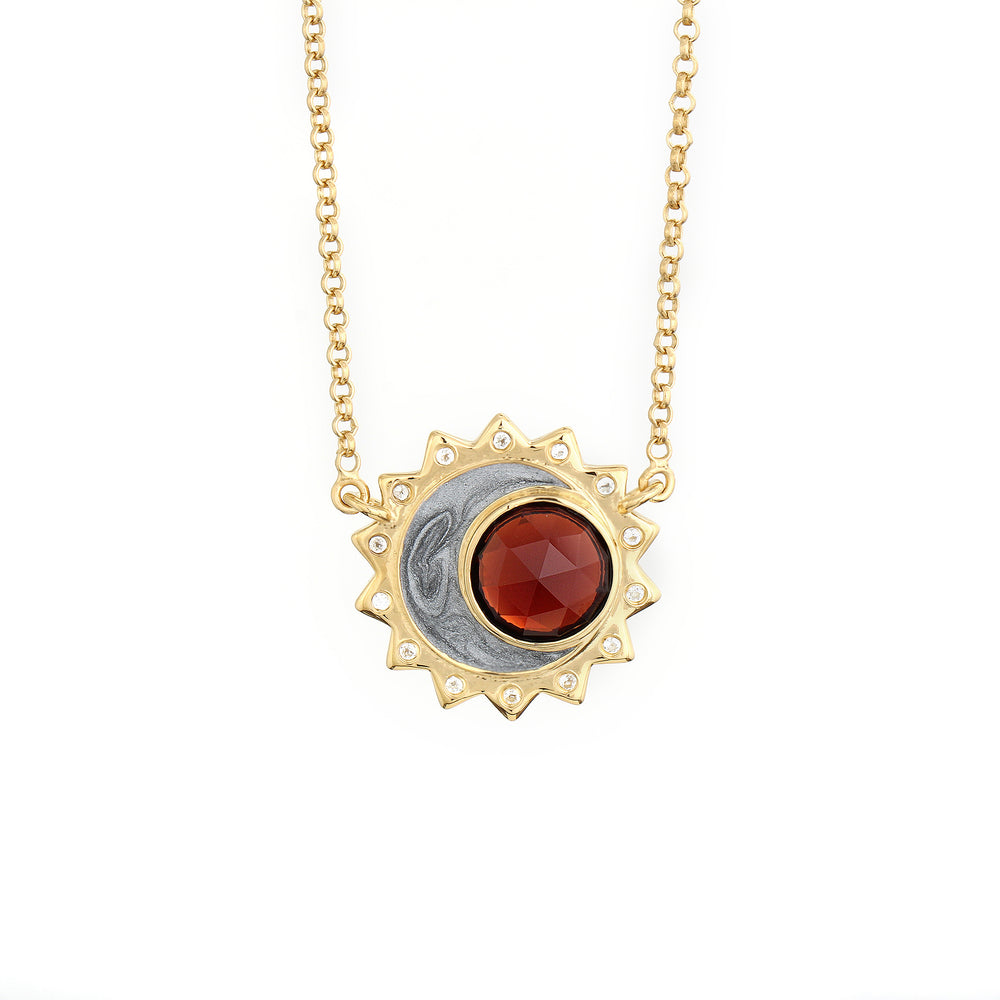 Garnet birthstone sun moon necklace sterling silver gold plated