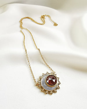 Garnet birthstone sun moon necklace