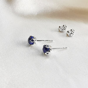 Rhodium plated Lapis Lazuli Round Stud Earrings