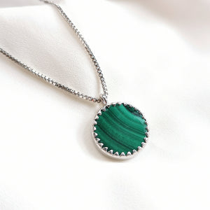 Malachite sliced gemstone pendant sterling silver necklace 