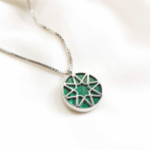 8 point star Malachite sliced gemstone pendant sterling silver necklace 