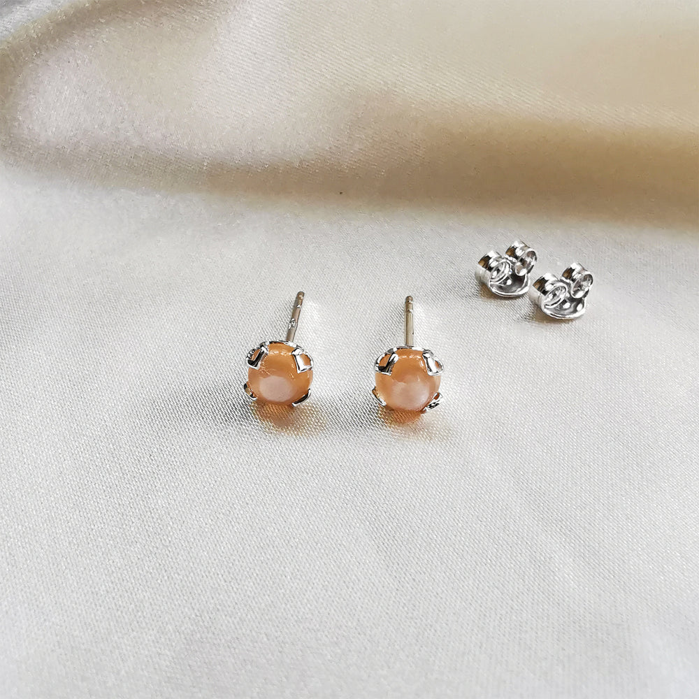 Orange Moonstone Round Cabochon Stud Earrings - Sterling Silver
