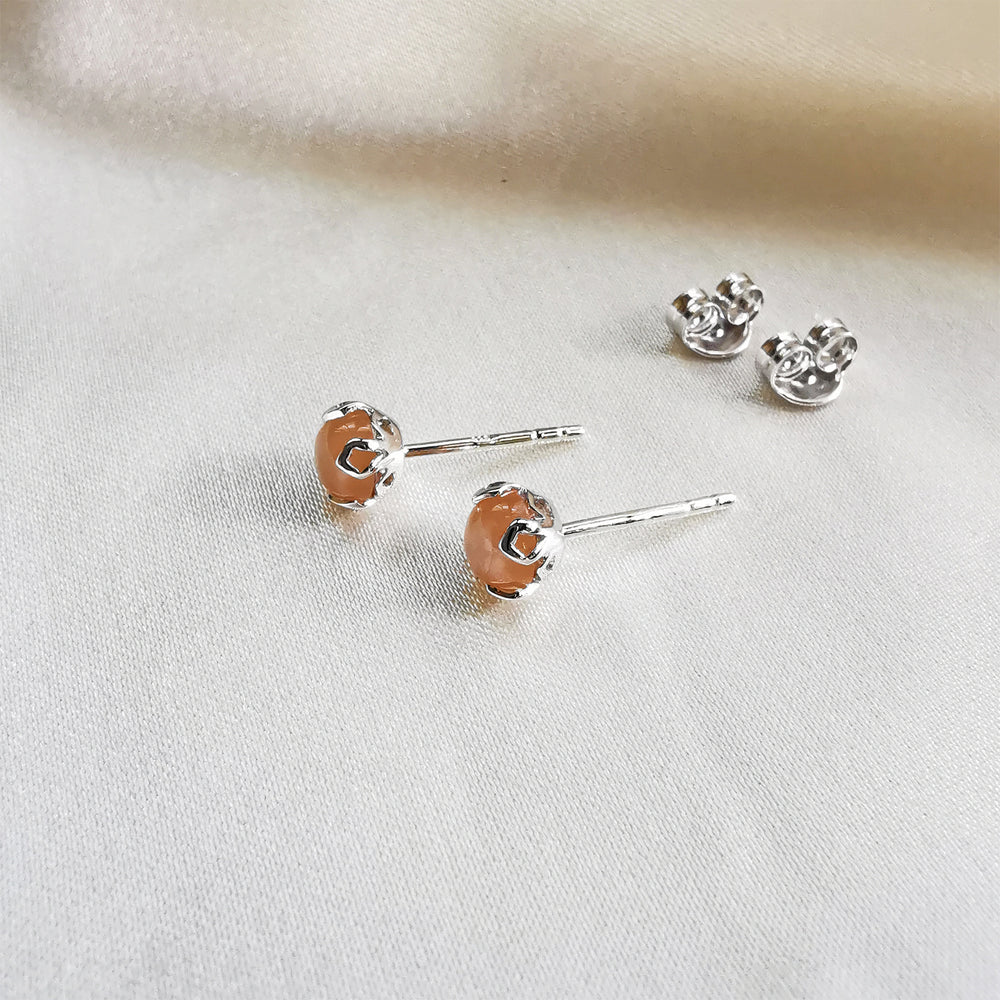 Rhodium Plated Orange Moonstone Round Stud Earrings