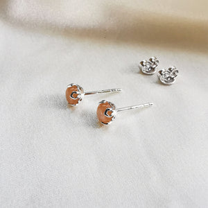 Rhodium Plated Orange Moonstone Round Stud Earrings