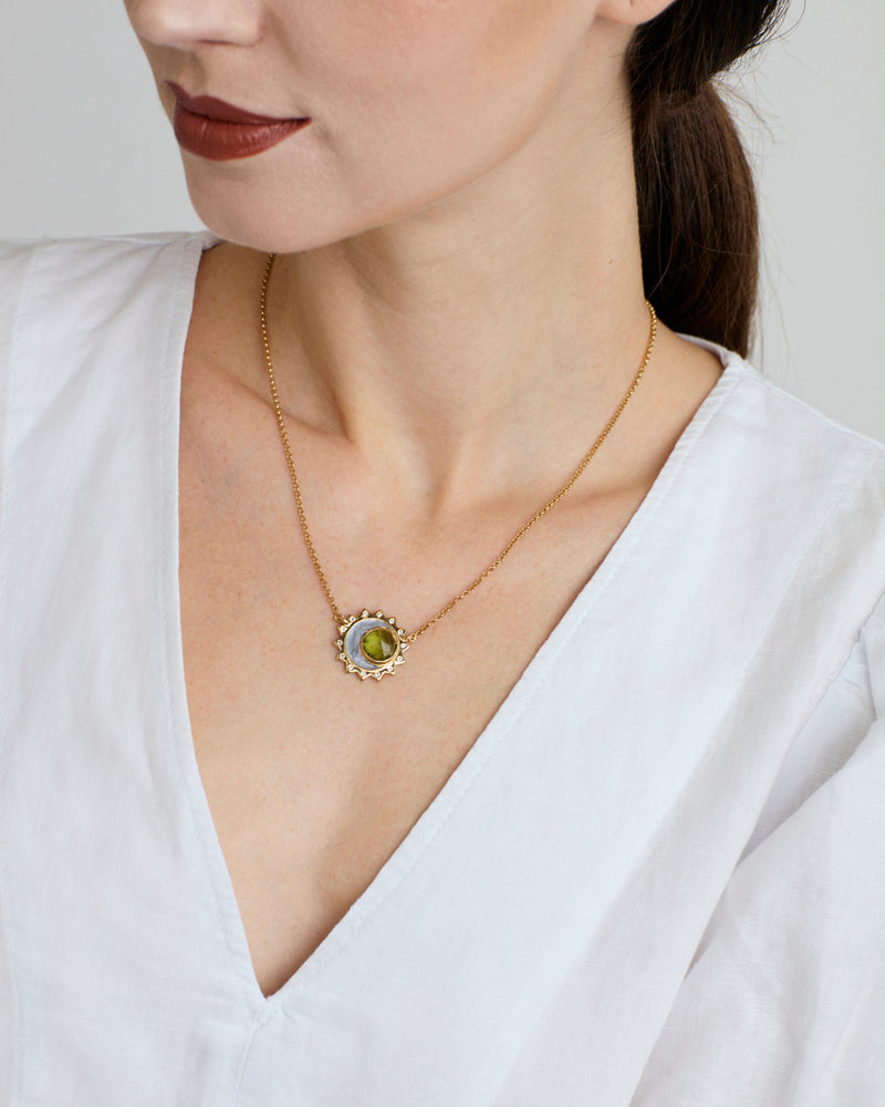 Peridot sun moon birthstone rose cut necklace