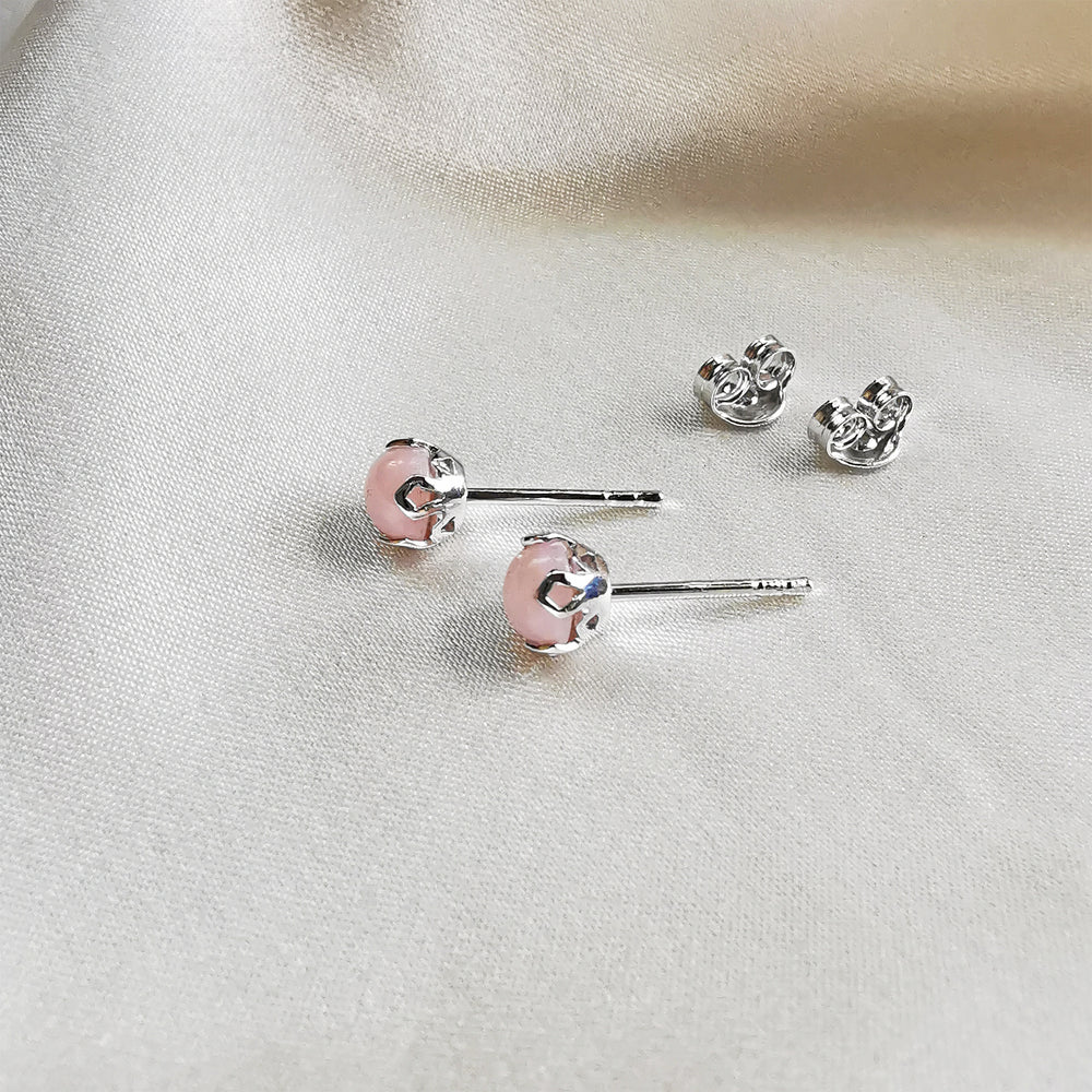 rhodium plated pink opal round stud earrings