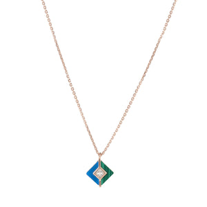 Malachite, Blue Agate & White Topaz Square Rose Gold Necklace