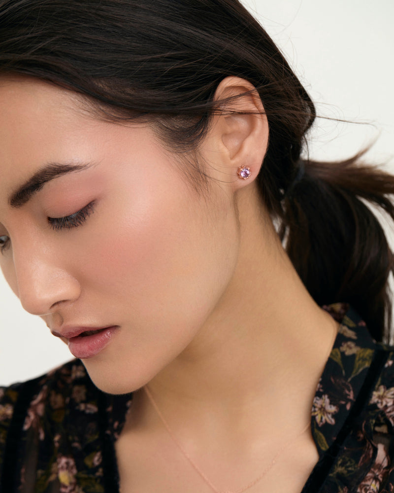 Pink Amethyst petite star gemstone earrings on model