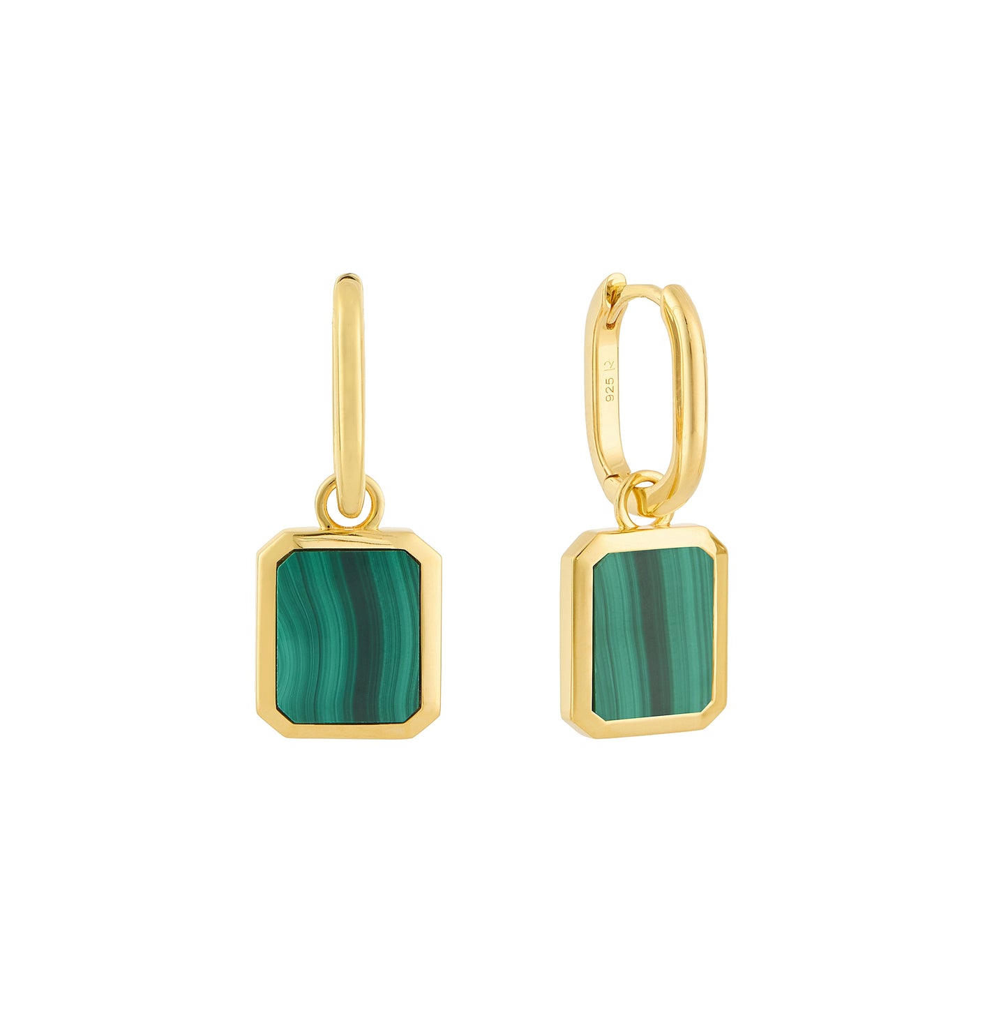 Malachite Oblong Charm Earrings in Yellow Gold