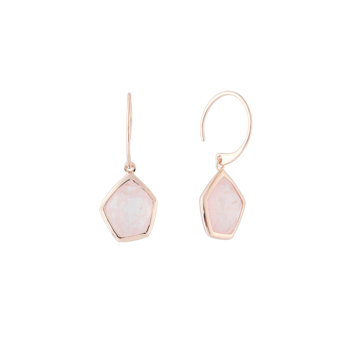 Rose Quartz Faceted Briolette Hook Earrings Sterling Silver Rose Gold Plated