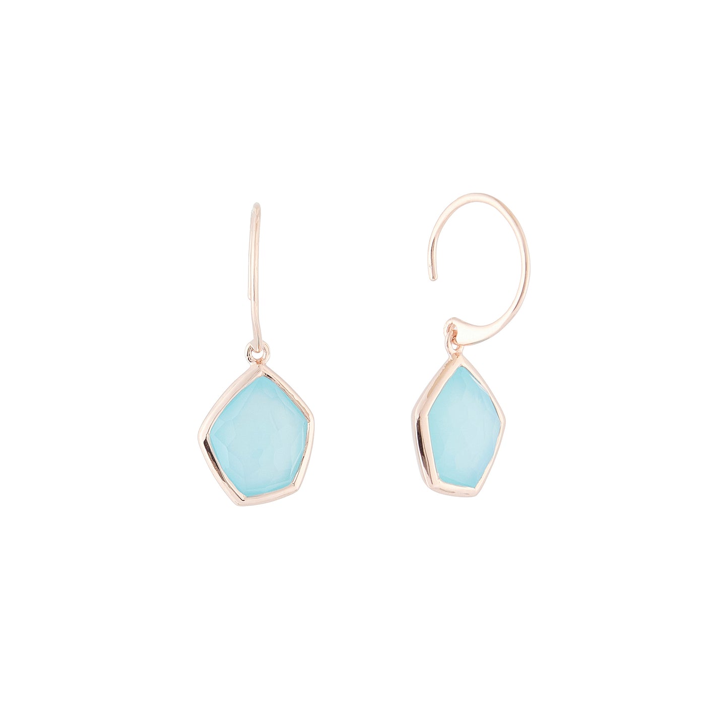 Aqua Chalcedony Faceted Briolette Hook Earrings Rose Gold Plated