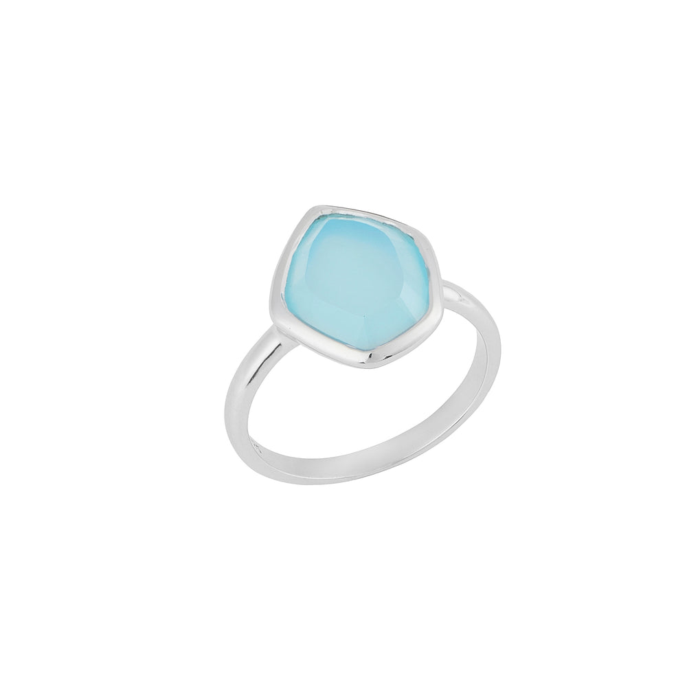Aqua Chalcedony Faceted Table Ring - Rhodium Plated