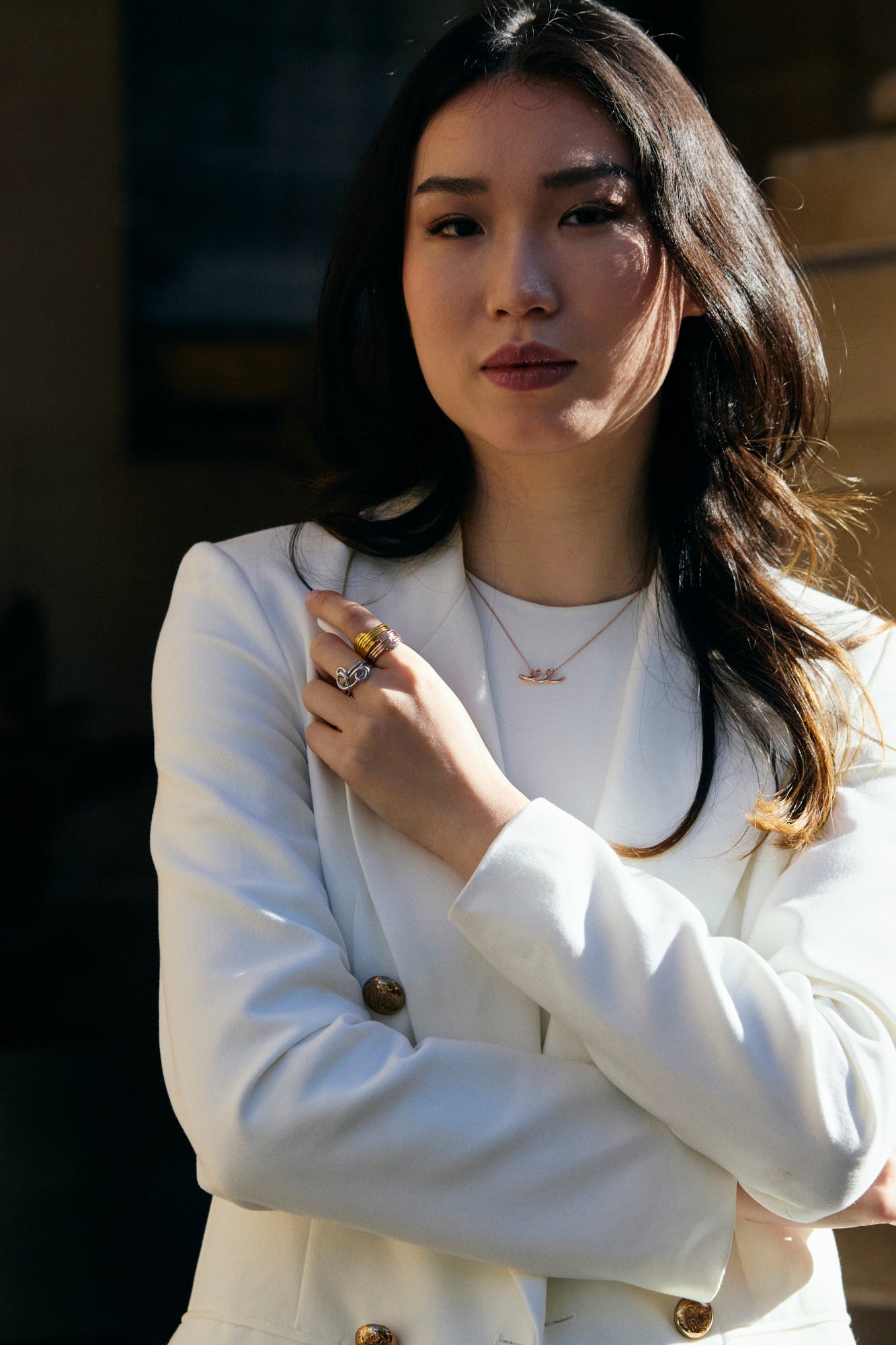 Sterling silver rose gold plated Scribble Bold Ring on model