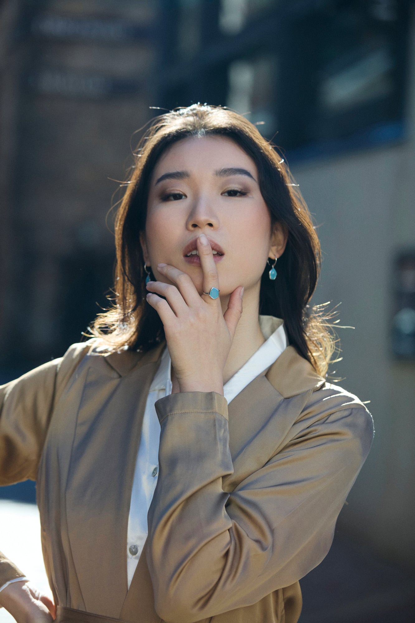 Aqua Chalcedony Faceted Table Sterling Silver Ring on model