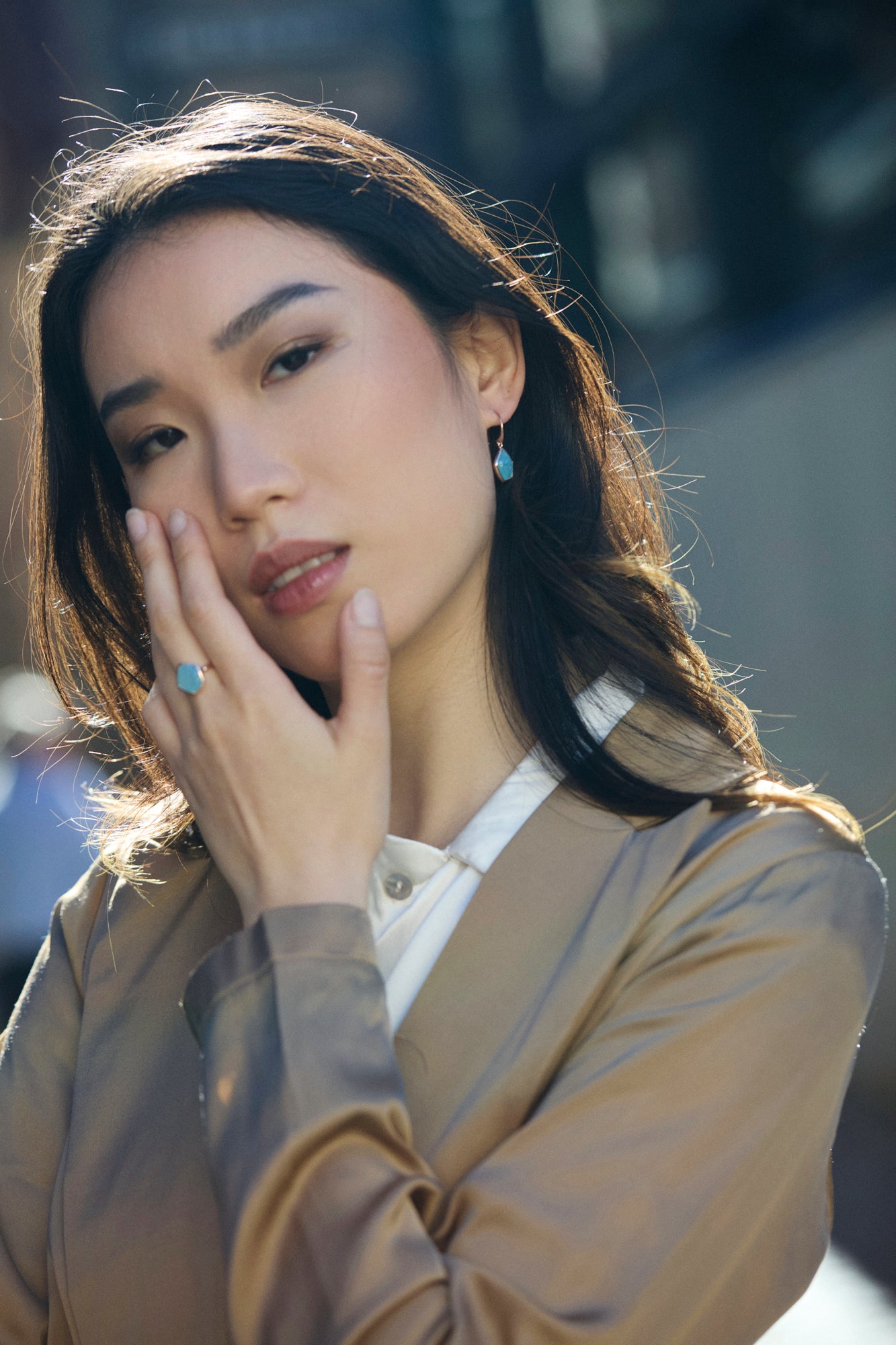 Aqua Chalcedony Faceted Briolette Hook Earrings on model