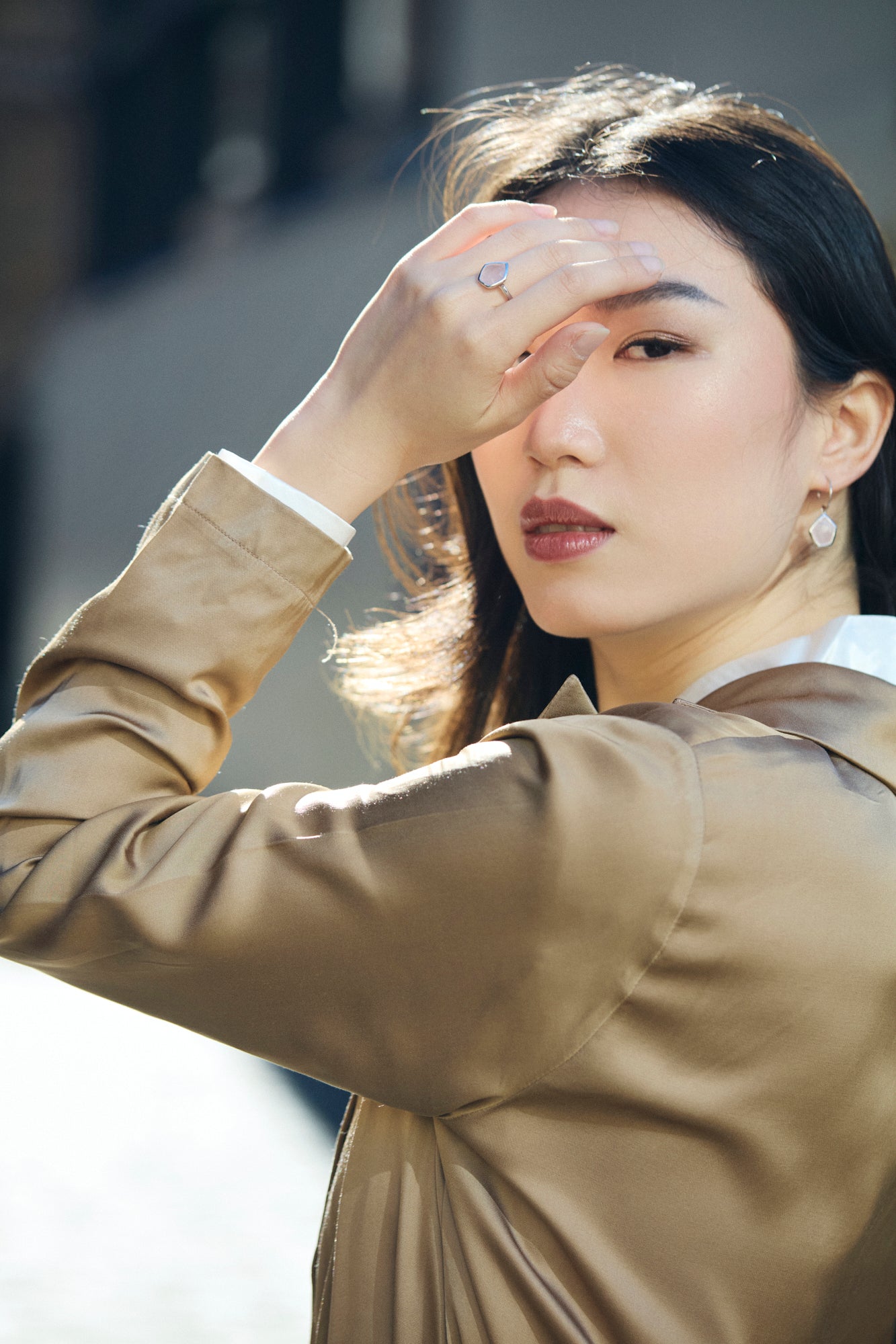 Rose Quartz Faceted Table Sterling Silver Ring on model