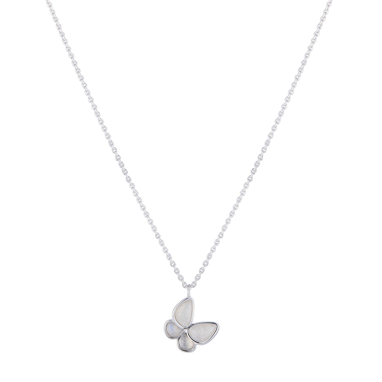 Butterfly pendant necklace on a white chain against a white background