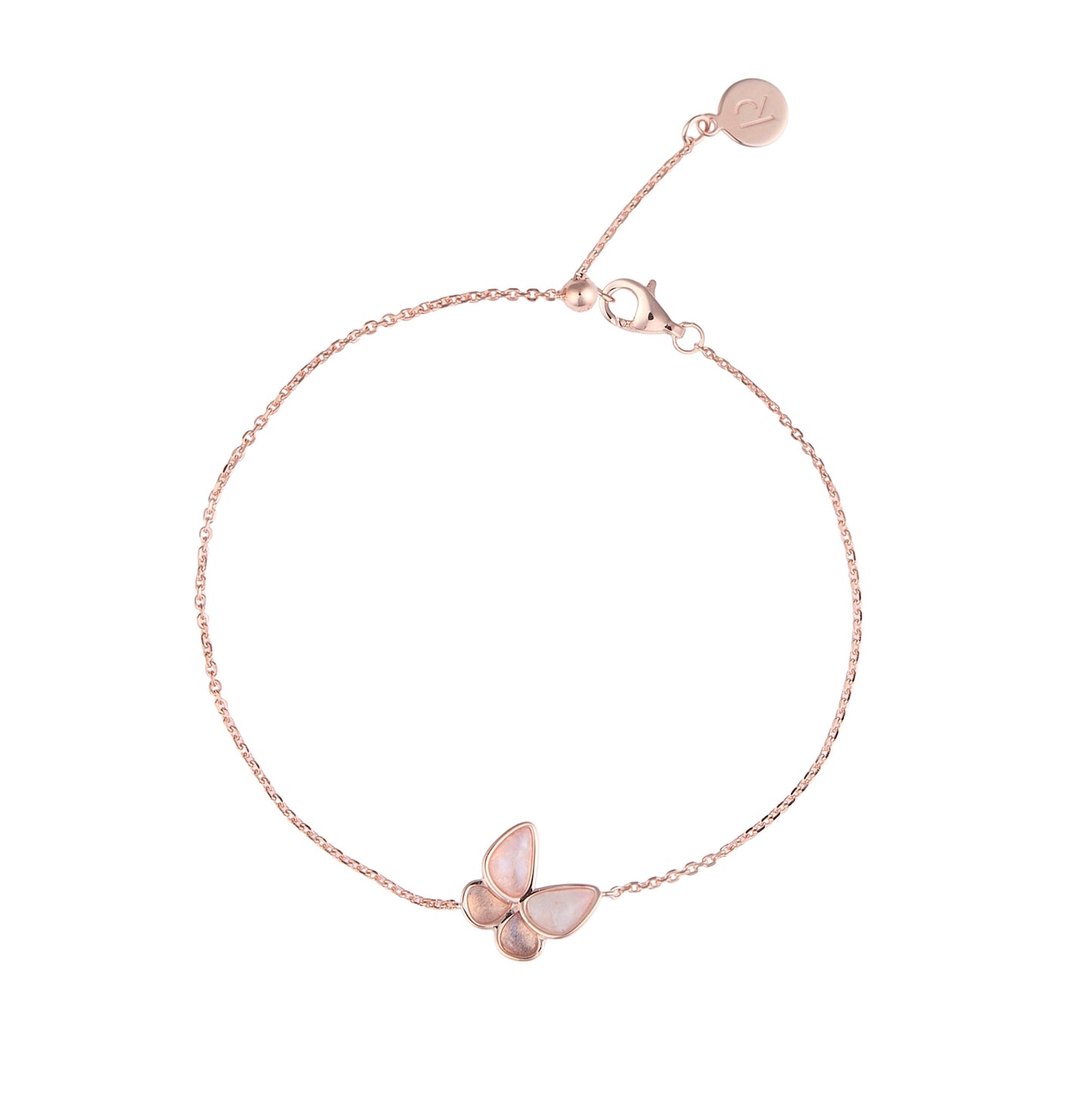 Rose gold bracelet with a butterfly charm on a white background