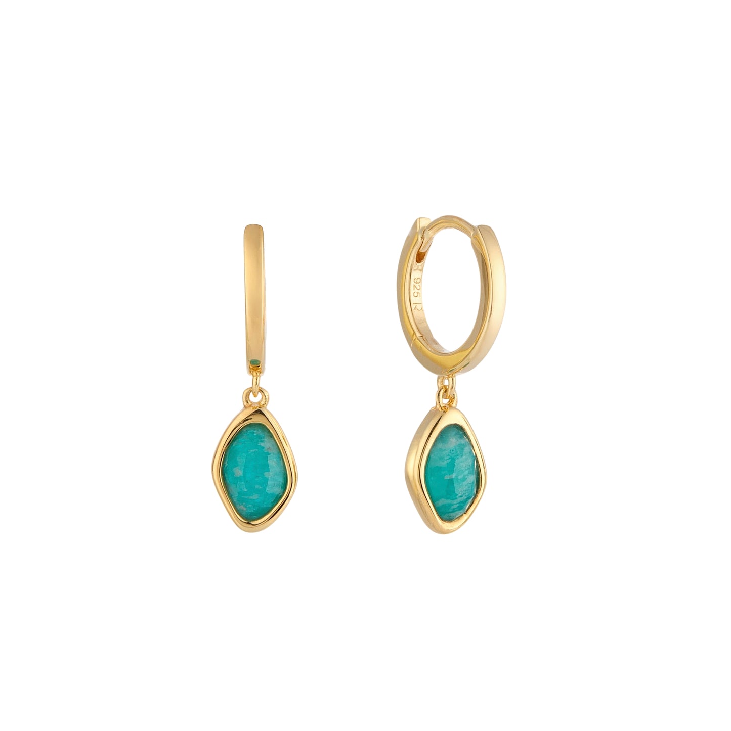 Gold hoop dangle earrings with amazonite stones on a white background