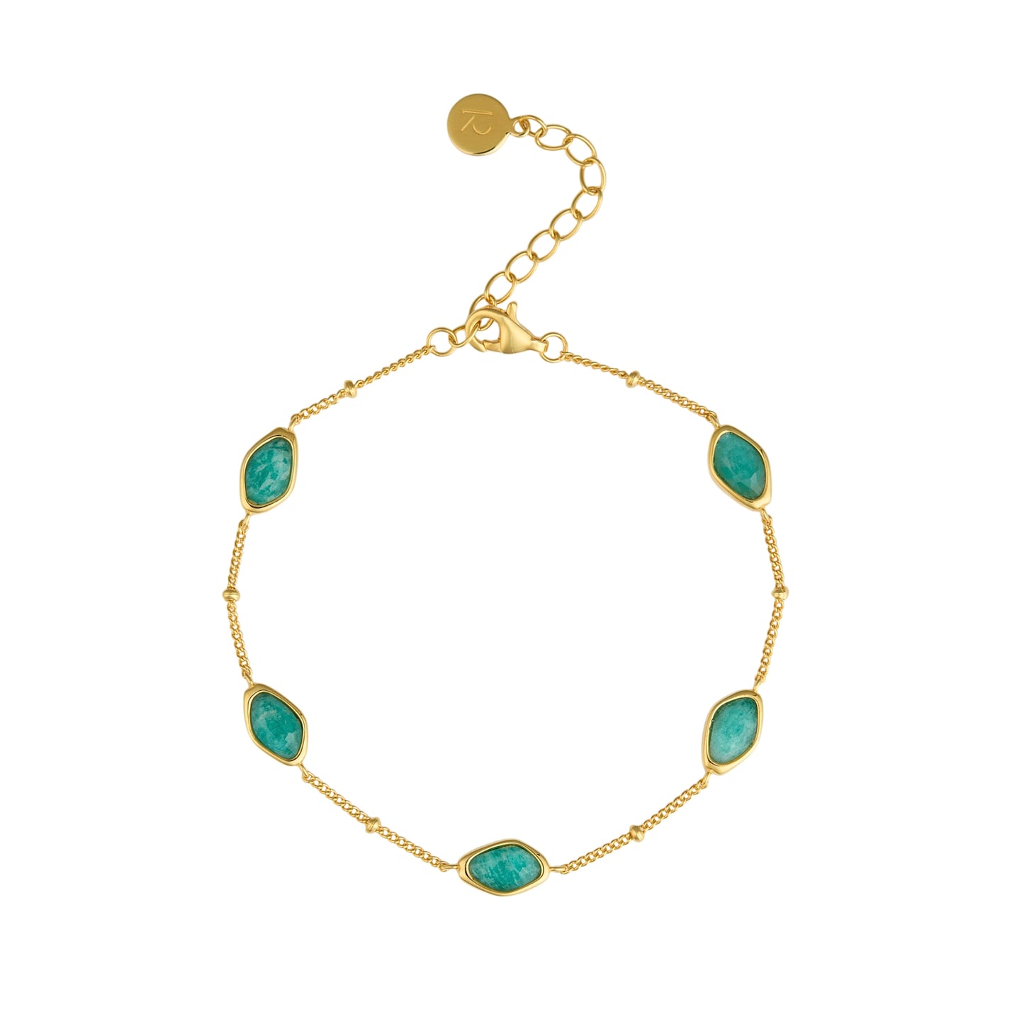 Gold bracelet with amazonite stones on a white background
