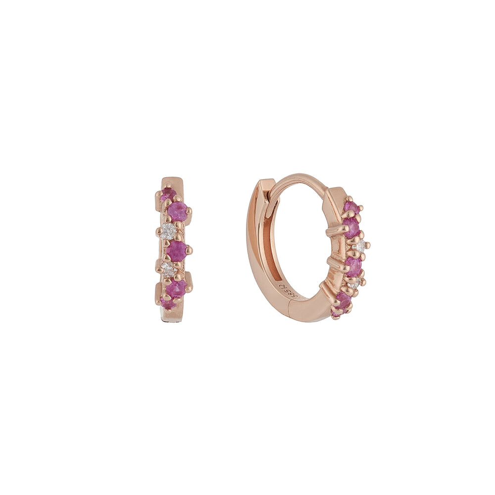 Pink Sapphire & Diamond Huggie Cluster Earrings - Solid 14K Rose Gold