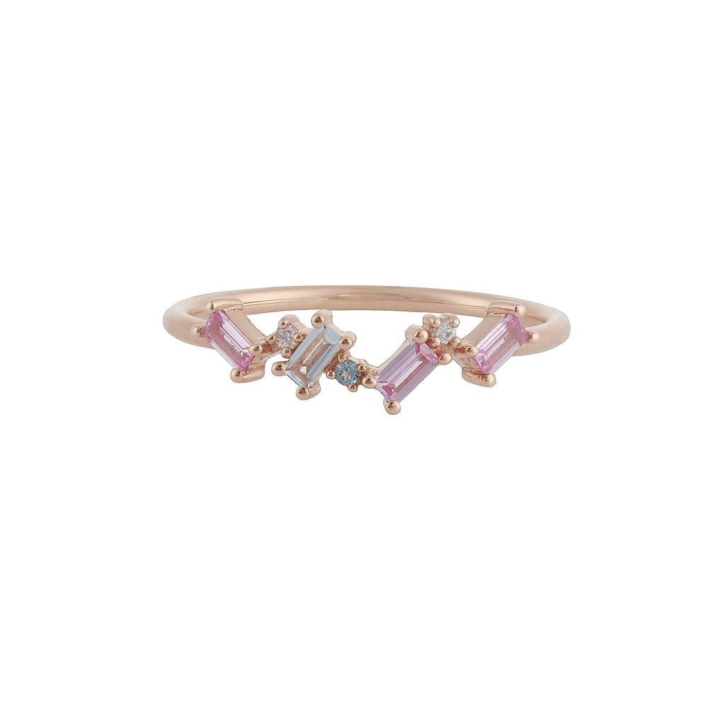 Pink Sapphire, Sky Blue Topaz & Diamond Cluster Ring - Solid 14K Rose Gold
