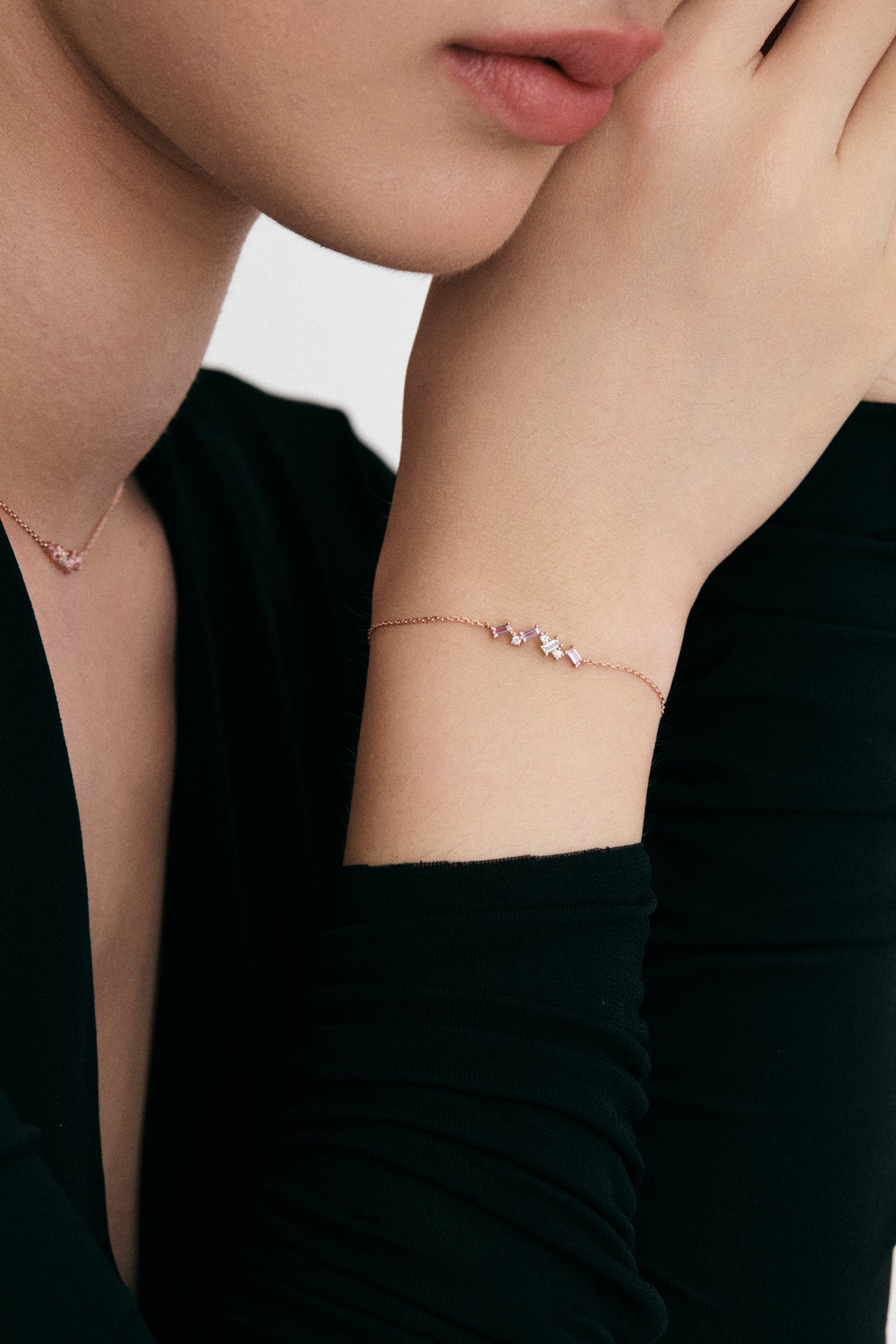 Solid 14K Rose Gold Interstellar Adjustable Bracelet on model