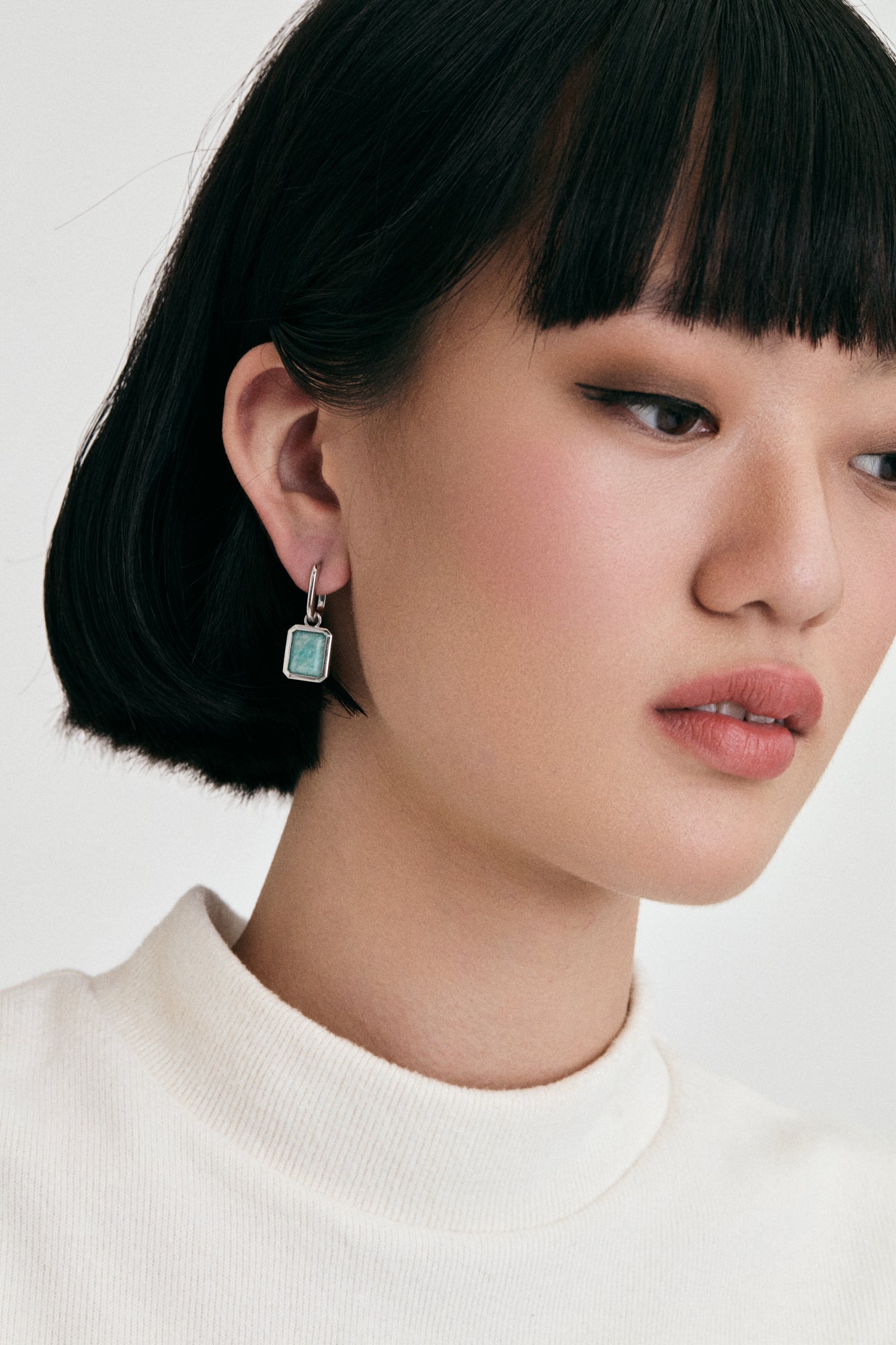 Amazonite Charm Sterling Silver Earrings on model