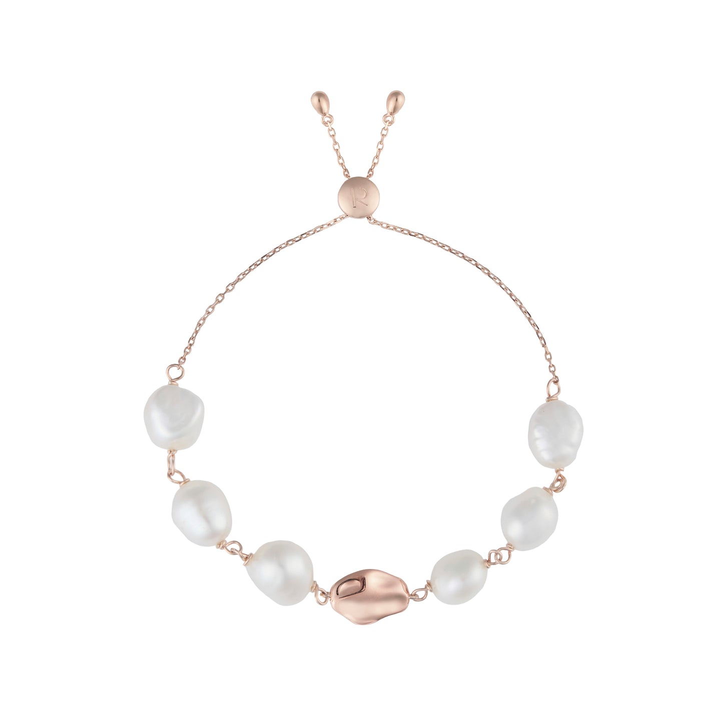 Small baroque pearl adjustable rose gold vermeil chain bracelet on white background