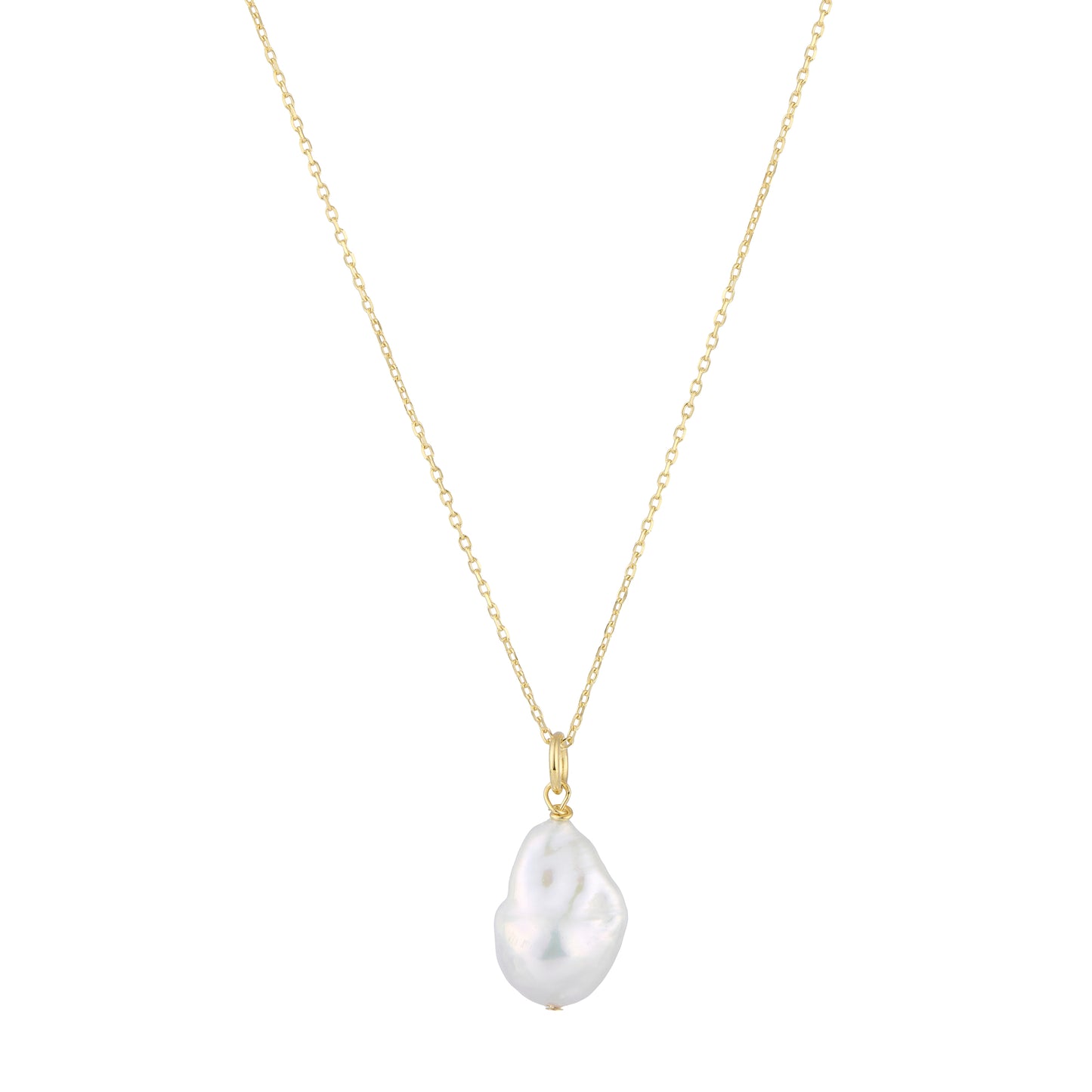 Gold vermeil necklace with a white baroque pearl pendant on a white background