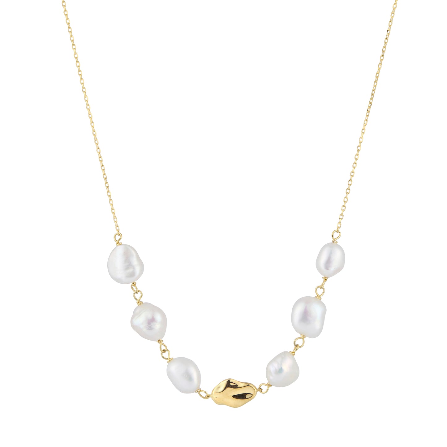 Small baroque pearls gold vermeil necklace on white background