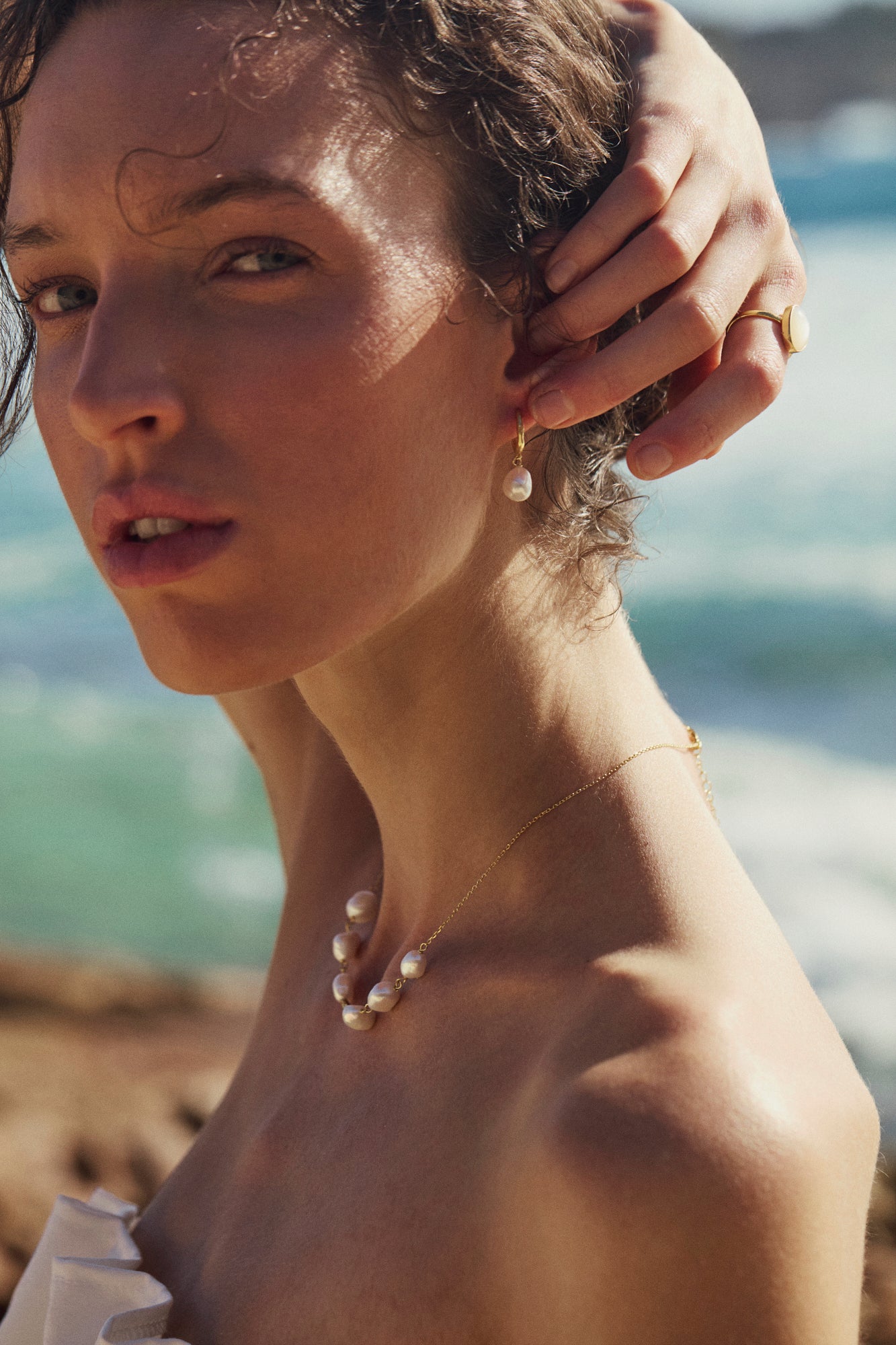 Baroque pearl Dangle Hoop Gold Vermeil Earrings on model