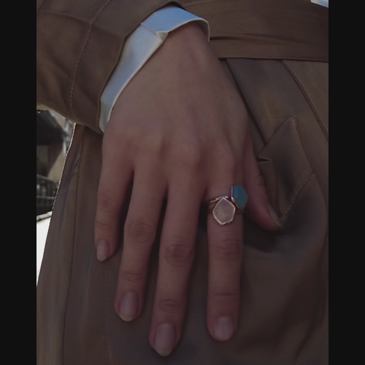 Aqua Chalcedony Faceted Table Ring Sterling Silver Rose Gold Plated on model in video