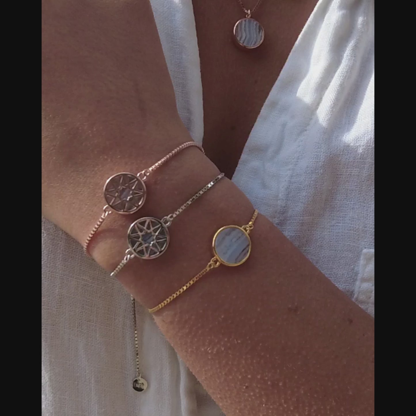 Blue Lace Agate Round Sliced Adjustable Bracelet