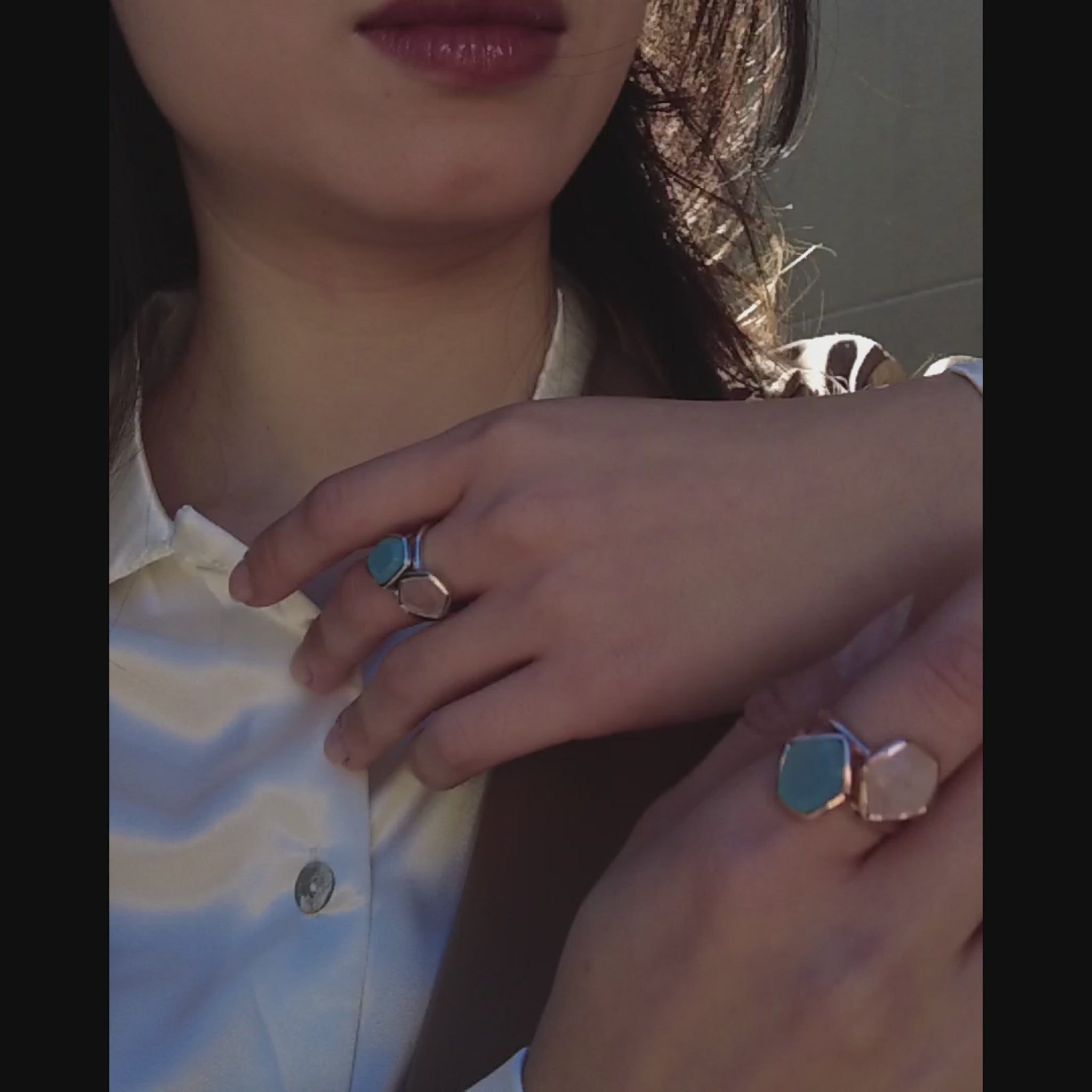 Rose Quartz Faceted Table Sterling Silver Ring on model in video