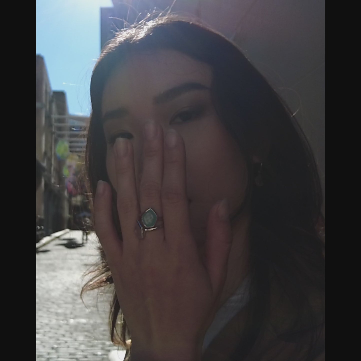 Aqua Chalcedony Faceted Table Sterling Silver Ring on model in video