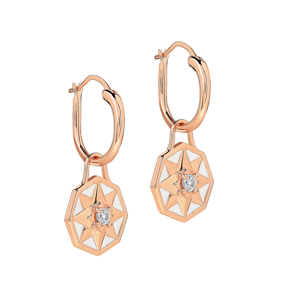 White zircon star charm hoop earrings, white enamel, 18K rose gold vermeil