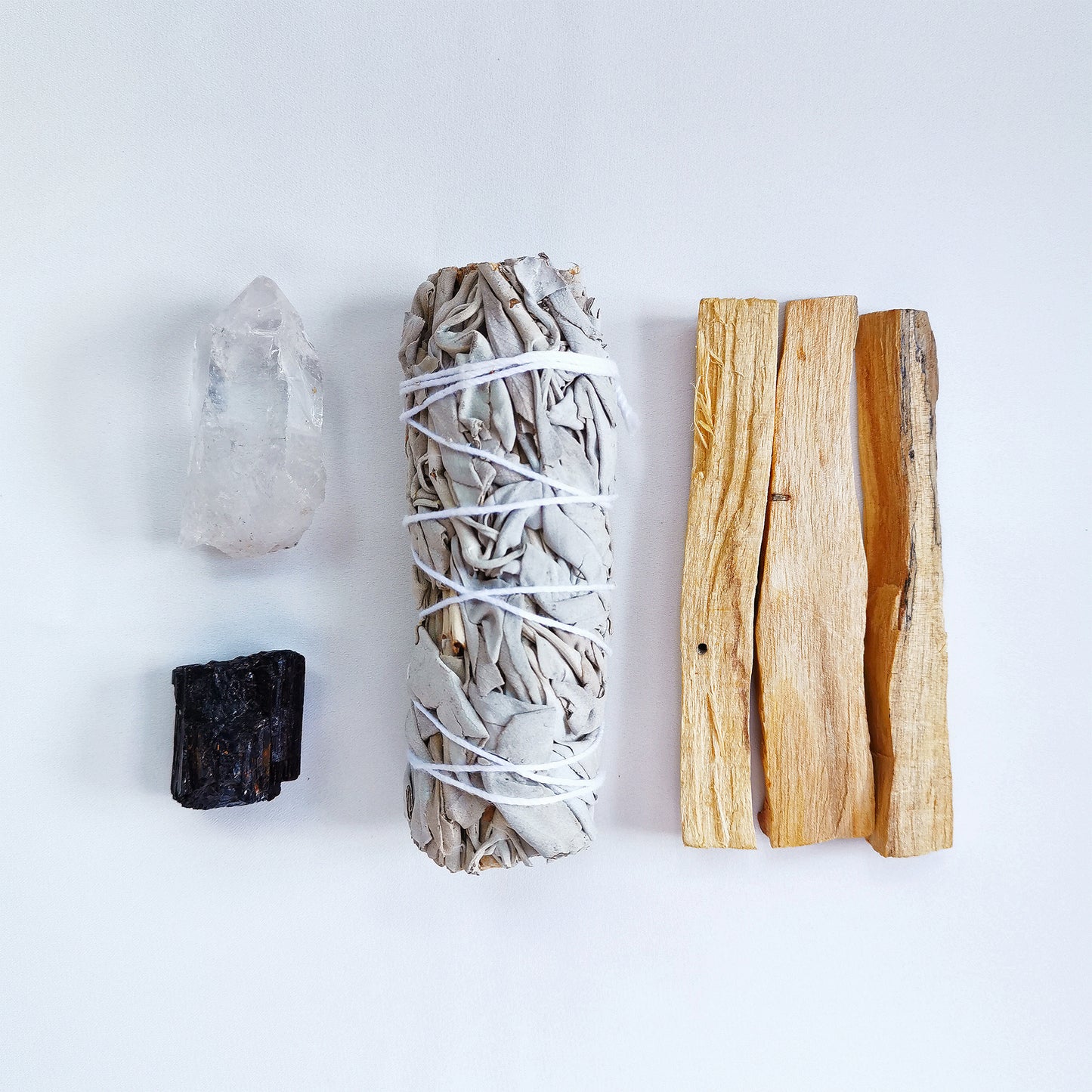 Aura cleansing kit - clear quartz, black tourmaline, white sage, palo santo