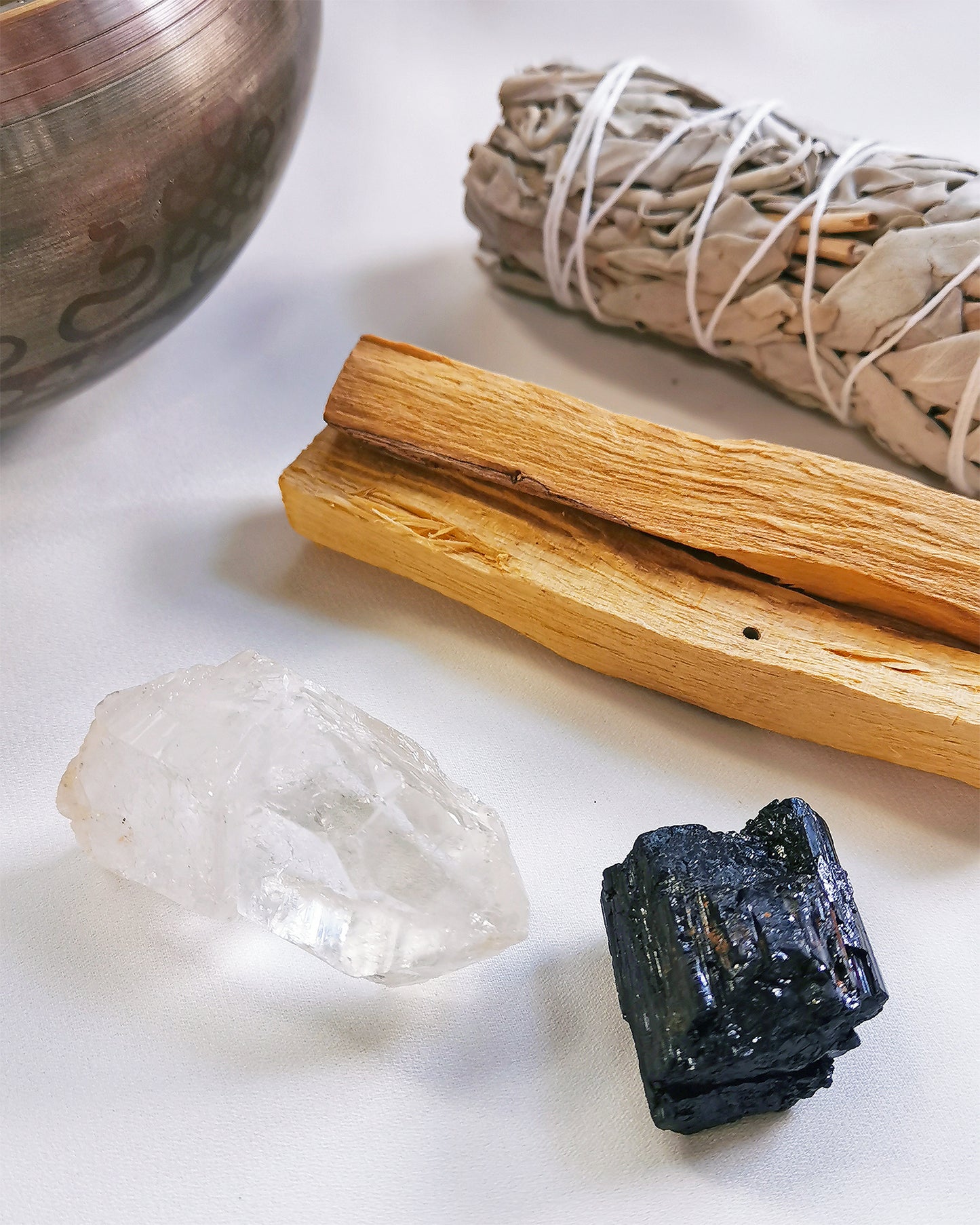 Aura cleansing kit - clear quartz, black tourmaline, white sage, palo santo