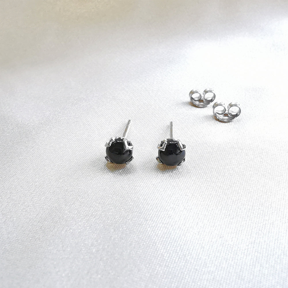 Black Onyx Round Cabochon Stud Earrings - Sterling Silver
